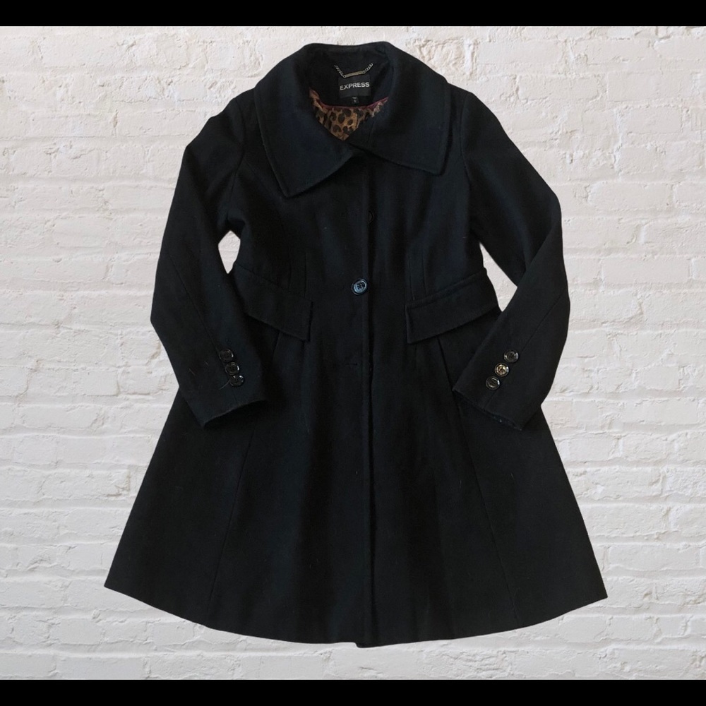 Express sz LG black dress coat w leopard interior